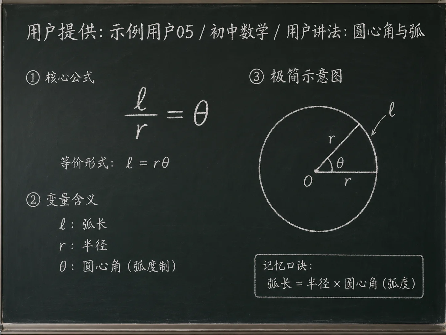 初中数学公式合集 02 - [用户提供：示例用户05] 初中数学公式 25：用户讲法：圆心角与弧