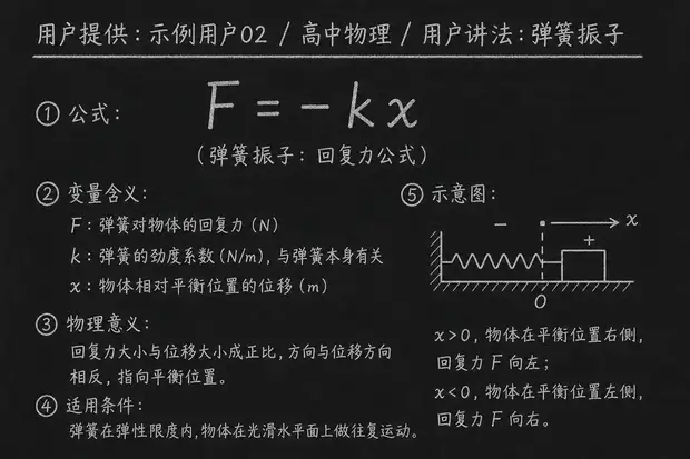高中物理公式合集 10 - [用户提供：示例用户02] 高中物理公式 22：用户讲法：弹簧振子