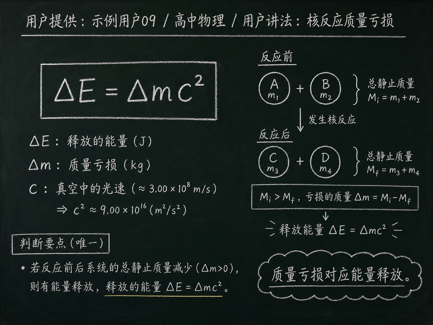 高中物理公式合集 10 - [用户提供：示例用户09] 高中物理公式 29：用户讲法：核反应质量亏损