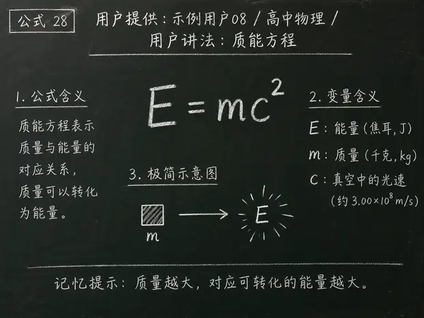 高中物理公式合集 10 - [用户提供：示例用户08] 高中物理公式 28：用户讲法：质能方程