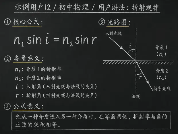 初中物理公式合集 04 - [用户提供：示例用户12] 初中物理公式 32：用户讲法：折射规律